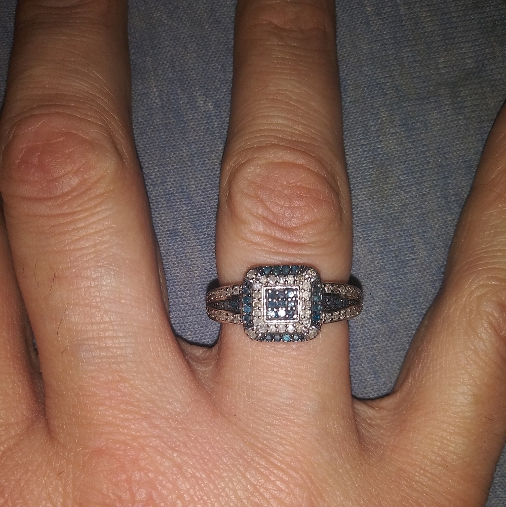 Blue and white diamond ring in sterling silver